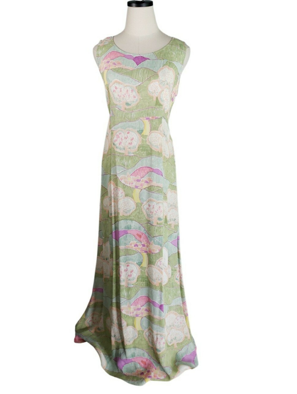 Vtg Putamayo Sleeveless Pastel Green Maxi Dress  S Abstract Whimsical Landscape